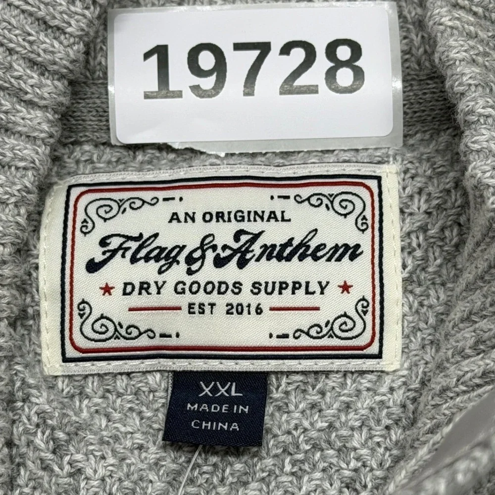Flag‎ & Anthem Sweater Mens XXL Grey Cotton Marl Mock Neck Striped Henley
